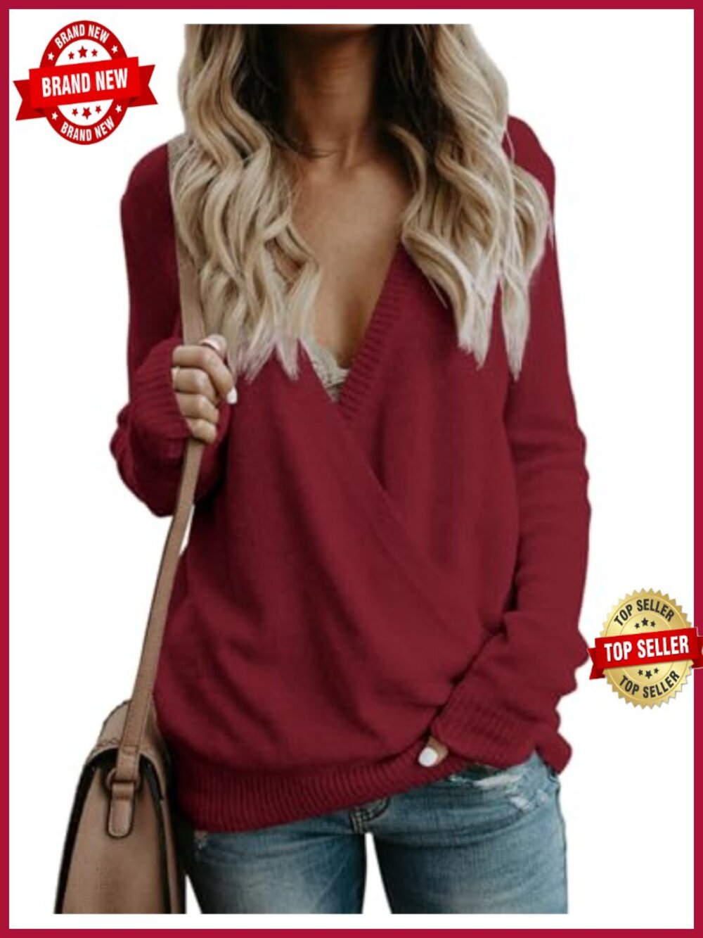 Womens Wrap Sweater Long Sleeve V Neck Ribbed Knit Pullover Loose Fit